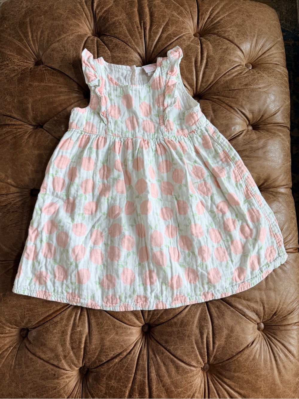 Stitchy Fish Girls Dress 5T Pink Peach Fruit Print Ruffle Sleeve Cotton Gauze